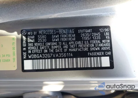 1997 Mercedes-Benz S 320 Base Swb z USA, uszkodzony, nr VIN WDBGA32G7VA356114